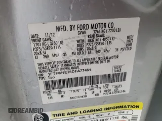 2013 Ford F-150 XL with VIN 1FTFW1ET6DFA77461, listed as a Copart auction lot 56497205 with 140,694 mi miles and Salvage title. Bid and sale history available at DreamBid. Image 12.