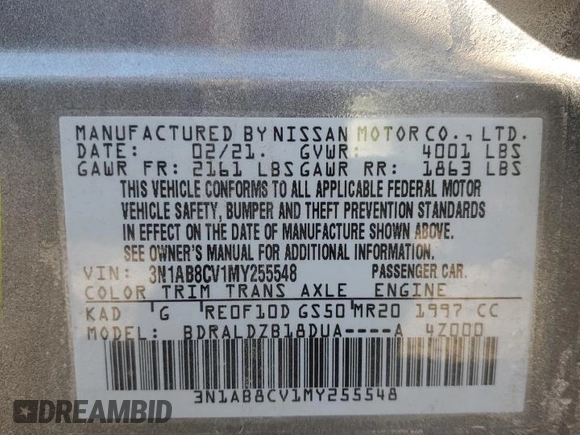 2021 Nissan Sentra SV with VIN 3N1AB8CV1MY255548, listed as a Copart auction lot 46843875 with 87,708 mi miles and Non Repairable. Bid and sale history available at carsss.com. Image 13.