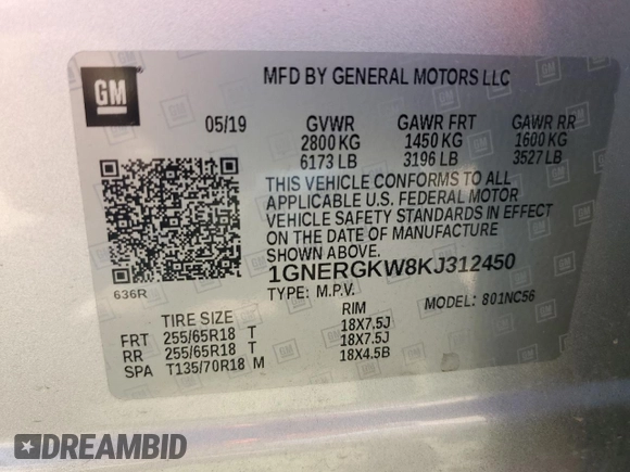 2019 Chevrolet Traverse LT Cloth with VIN 1GNERGKW8KJ312450, listed as a Copart auction lot 70515914 with 69,331 mi miles and Salvage title. Bid and sale history available at DreamBid. Image 14.