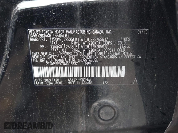 2013 Toyota RAV4 XLE with VIN 2T3WFREV7DW018837, listed as a IAAI auction lot 42109962 with 234,014 mi miles and . Bid and sale history available at DreamBid. Image 9.