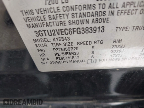 2015 GMC Sierra 1500 SLT with VIN 3GTU2VEC6FG383913, listed as a IAAI auction lot 41888606 with 122,181 mi miles and . Bid and sale history available at DreamBid. Image 9.