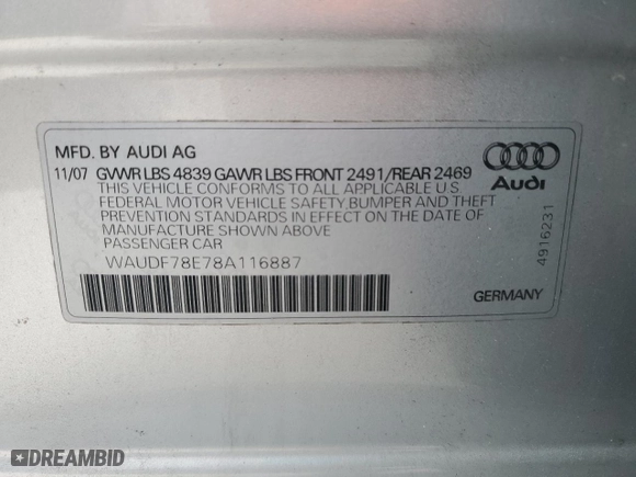 2008 Audi A4 2.0T with VIN WAUDF78E78A116887, listed as a Copart auction lot 46755275 with 197,402 mi miles and Clean Title. Bid and sale history available at carsss.com. Image 12.