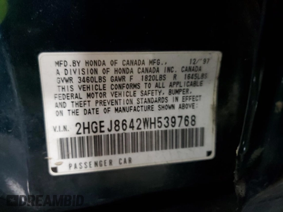 1998 Honda Civic EX with VIN 2HGEJ8642WH539768, listed as a Copart auction lot 87055024 with 126,726 mi miles and Salvage Title. Bid and sale history available at carsss.com. Image 14.