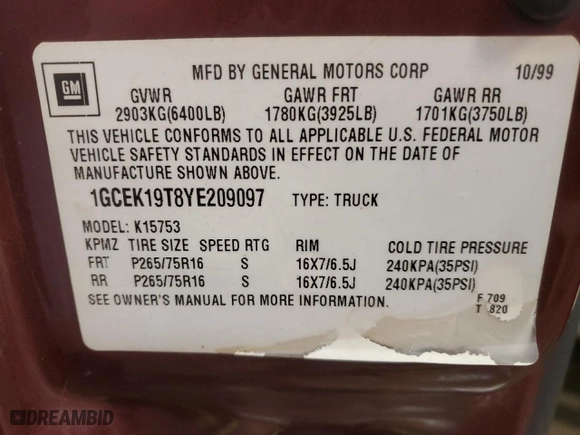 2000 Chevrolet Silverado 1500 LS with VIN 1GCEK19T8YE209097, listed as a Copart auction lot 43940845 with 103,571 mi miles and Clean Title. Bid and sale history available at carsss.com. Image 13.