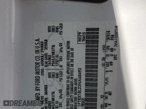2003 Ford F-150 XL с VIN 1FTRX18L23NA68492, выставлен на аукционе Copart как лот 59052765 с пробегом Не указан миль и Списание • Salvage title. История ставок и продаж доступна на DreamBid. Изображение 12.