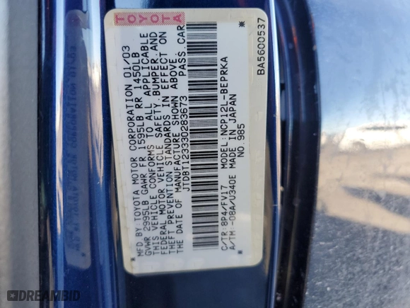 2003 Toyota ECHO with VIN JTDBT123330283673, listed as a Copart auction lot 88577765 with 126,521 mi miles and Salvage Title. Bid and sale history available at carsss.com. Image 14.