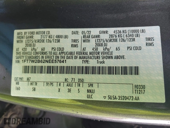 2022 Ford F-250 XL z VIN 1FT7W2B62NEE57641, wystawiony jako IAAI lot #41566432 z przebiegiem 24 872 mil mil oraz . Historia ofert i sprzedaży dostępna na DreamBid. Obrazek 9.