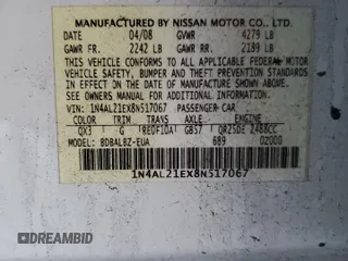 2008 Nissan Altima 2.5 SL with VIN 1N4AL21EX8N517067, listed as a Copart auction lot 51863725 with 0 mi miles and Salvage Title. Bid and sale history available at carsss.com. Image 15.