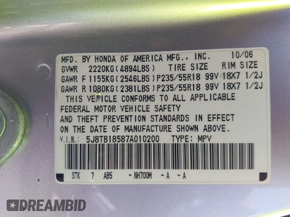 2007 Acura RDX Tech Pkg with VIN 5J8TB18587A010200, listed as a IAAI auction lot 41878727 with 168,624 mi miles. Bid and sale history available at carsss.com. Image 9.