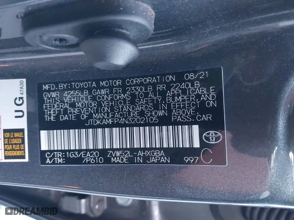 2022 Toyota Prius Prime LE with VIN JTDKAMFP4N3202105, listed as a IAAI auction lot 41751929 with 45,086 mi miles. Bid and sale history available at carsss.com. Image 9.