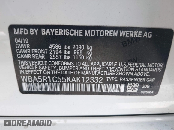 2019 BMW 3 Series 330i with VIN WBA5R1C55KAK12332, listed as a IAAI auction lot 41692035 with 13,657 mi miles and . Bid and sale history available at DreamBid. Image 9.