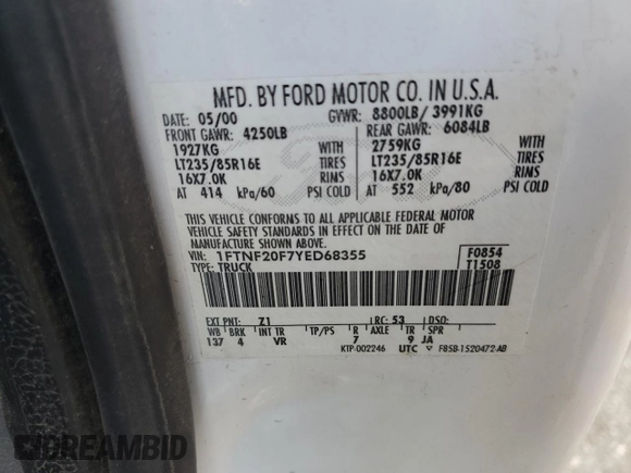 2000 Ford Super Duty F-250 XL with VIN 1FTNF20F7YED68355, listed as a Copart auction lot 75050664 with 107,434 mi miles and Salvage Title. Bid and sale history available at carsss.com. Image 12.