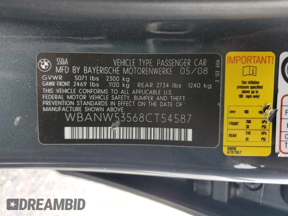 2008 BMW 5 Series 550i with VIN WBANW53568CT54587, listed as a Copart auction lot 48753895 with 334,360 mi miles and Salvage Title. Bid and sale history available at carsss.com. Image 13.