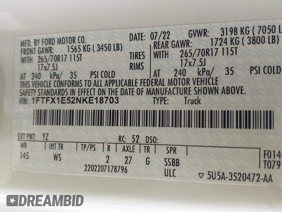 2022 Ford F-150 XL с VIN 1FTFX1E52NKE18703, выставлен на аукционе IAAI как лот 41367210 с пробегом 92 428 миль миль и . История ставок и продаж доступна на DreamBid. Изображение 9.