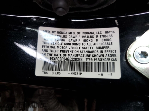 2016 Honda Civic Sedan LX with VIN 19XFC2F54GE228388, listed as a Copart auction lot 48503595 with 89,944 mi miles and Salvage Title. Bid and sale history available at carsss.com. Image 12.