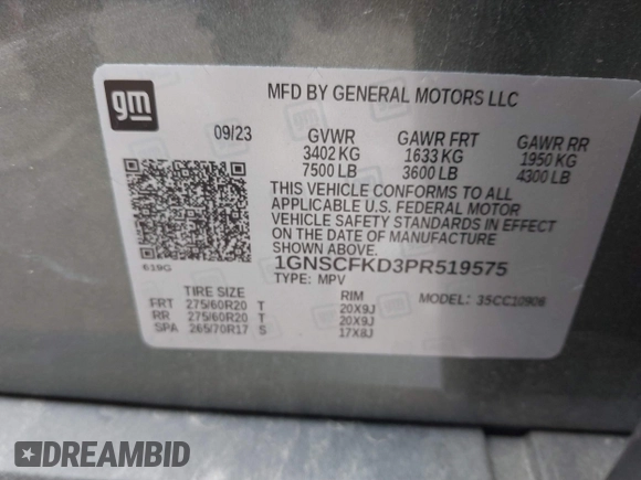 2023 Chevrolet Suburban Premier with VIN 1GNSCFKD3PR519575, listed as a IAAI auction lot 41467325 with 18,007 mi miles and . Bid and sale history available at DreamBid. Image 7.