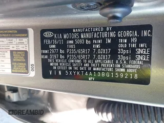 2011 Kia Sorento LX with VIN 5XYKT4A13BG159218, listed as a IAAI auction lot 42049629 with 155,675 mi miles. Bid and sale history available at carsss.com. Image 9.