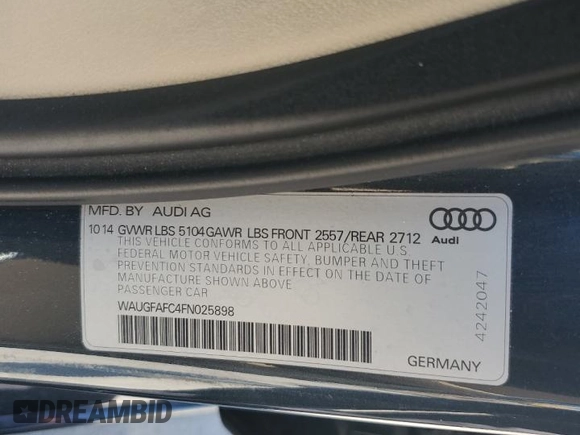 2015 Audi A6 Premium Plus with VIN WAUGFAFC4FN025898, listed as a Copart auction lot 53785675 with 100,892 mi miles and Salvage title. Bid and sale history available at DreamBid. Image 12.