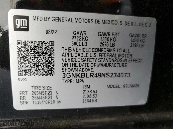 2022 Chevrolet Blazer Premier with VIN 3GNKBLR49NS234073, listed as a Copart auction lot 79004784 with 47,809 mi miles and Salvage Title. Bid and sale history available at carsss.com. Image 13.