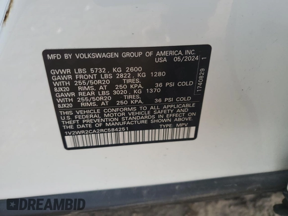 2024 Volkswagen Atlas SE with VIN 1V2WR2CA2RC584251, listed as a Copart auction lot 48496135 with 26,555 mi miles and Clean title. Bid and sale history available at DreamBid. Image 13.