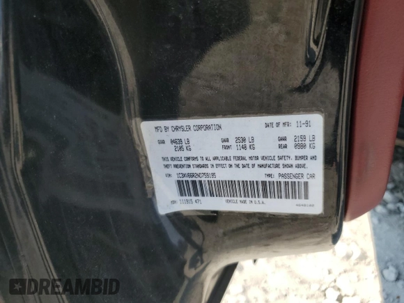 1992 Chrysler New Yorker z VIN 1C3XV66R2ND759195, wystawiony jako Copart lot #69650044 z przebiegiem 70 387 mil mil oraz Szkoda całkowita • Salvage title. Historia ofert i sprzedaży dostępna na DreamBid. Obrazek 12.