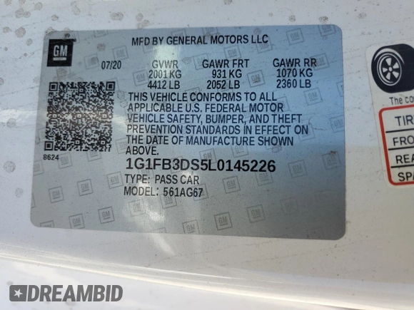 2020 Chevrolet Camaro 1LT with VIN 1G1FB3DS5L0145226, listed as a Copart auction lot 46544635 with 29,139 mi miles and Salvage Title. Bid and sale history available at carsss.com. Image 12.