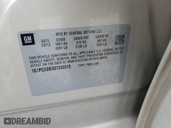 2013 Chevrolet Cruze 1LT with VIN 1G1PC5SB3D7243910, listed as a Copart auction lot 46861005 with 97,646 mi miles and Salvage Title. Bid and sale history available at carsss.com. Image 14.