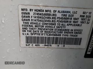 2012 Honda Ridgeline Sport with VIN 5FPYK1F77CB456646, listed as a Copart auction lot 73510104 with 101,937 mi miles and Salvage Title. Bid and sale history available at carsss.com. Image 13.