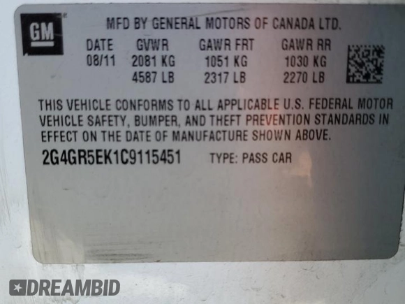 2012 Buick Regal with VIN 2G4GR5EK1C9115451, listed as a Copart auction lot 60052365 with 144,660 mi miles and Salvage title. Bid and sale history available at DreamBid. Image 12.