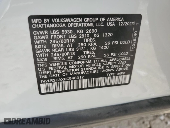 2024 Volkswagen Atlas SE with VIN 1V2LR2CAXRC548312, listed as a Copart auction lot 48427095 with 16,051 mi miles and Salvage title. Bid and sale history available at DreamBid. Image 13.