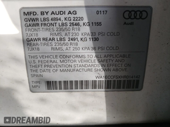 2017 Audi Q3 Premium z VIN WA1ECCFSXHR014142, wystawiony jako Copart lot #56306925 z przebiegiem 92 939 mil mil oraz Tytuł czysty. Historia ofert i sprzedaży dostępna na DreamBid. Obrazek 13.