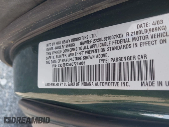 2003 Subaru Legacy L with VIN 4S3BE635637215981, listed as a IAAI auction lot 42476633 with 136,524 mi miles and . Bid and sale history available at DreamBid. Image 9.