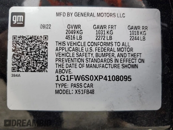 2023 Chevrolet Bolt EV 1LT with VIN 1G1FW6S0XP4108095, listed as a Copart auction lot 59920655 with 22,657 mi miles and Salvage title. Bid and sale history available at DreamBid. Image 12.