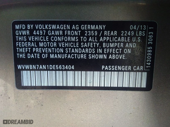 2013 Volkswagen CC Sport with VIN WVWBN7AN1DE563404, listed as a IAAI auction lot 41659845 with 171,631 mi miles. Bid and sale history available at carsss.com. Image 9.