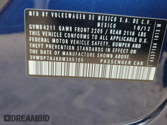 2013 Volkswagen Jetta SE z VIN 3VWDP7AJ6DM395105, wystawiony jako Copart lot #51774465 z przebiegiem 163 342 mil mil oraz Szkoda całkowita • Salvage title. Historia ofert i sprzedaży dostępna na DreamBid. Obrazek 13.
