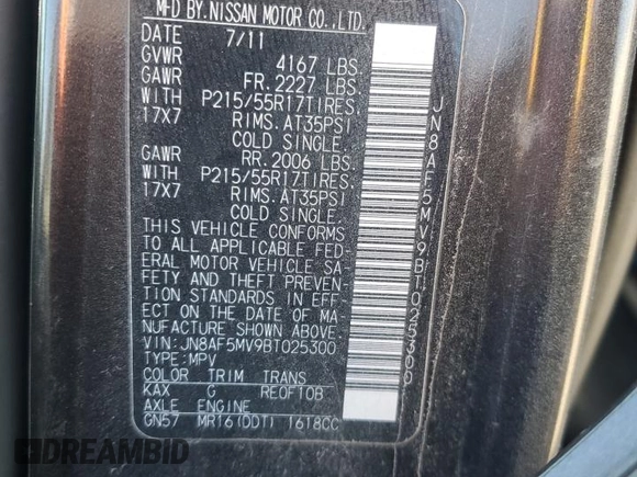2011 Nissan Juke SL with VIN JN8AF5MV9BT025300, listed as a Copart auction lot 49127295 with 187,583 mi miles and Salvage Title. Bid and sale history available at DreamBid. Image 12.