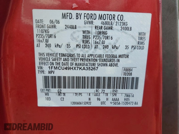 2007 Ford Escape Hybrid with VIN 1FMCU49HX7KA35267, listed as a Copart auction lot 49123395 with 318,091 mi miles and Clean Title. Bid and sale history available at carsss.com. Image 13.