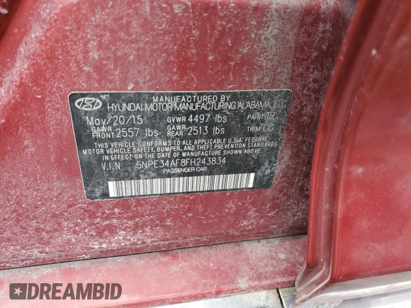 2015 Hyundai Sonata Sport with VIN 5NPE34AF8FH243834, listed as a Copart auction lot 48398125 with 108,535 mi miles and Salvage title. Bid and sale history available at DreamBid. Image 12.