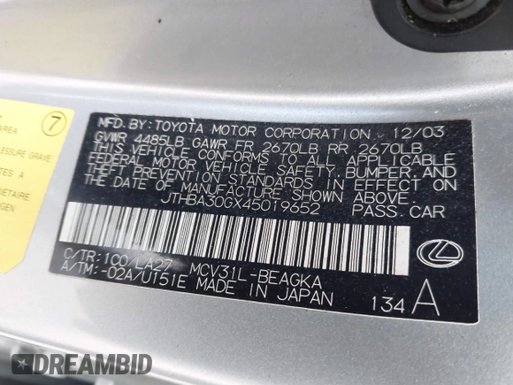 2004 Lexus ES 350 with VIN JTHBA30GX45019652, listed as a IAAI auction lot 41573803 with Not Provided miles and . Bid and sale history available at DreamBid. Image 9.