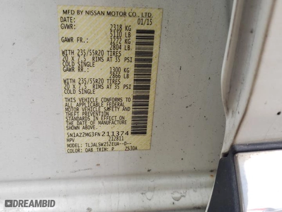 2015 Nissan Murano Platinum with VIN 5N1AZ2MG3FN211374, listed as a Copart auction lot 72169084 with 139,291 mi miles and Salvage Title. Bid and sale history available at carsss.com. Image 14.