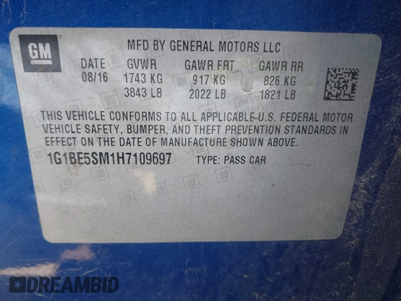 2017 Chevrolet Cruze LT with VIN 1G1BE5SM1H7109697, listed as a IAAI auction lot 42041805 with 152,953 mi miles and . Bid and sale history available at DreamBid. Image 9.