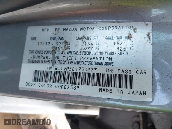 2013 Mazda 3 i Touring with VIN JM1BL1VP5D1750277, listed as a IAAI auction lot 42010525 with 174,192 mi miles and . Bid and sale history available at carsss.com. Image 9.