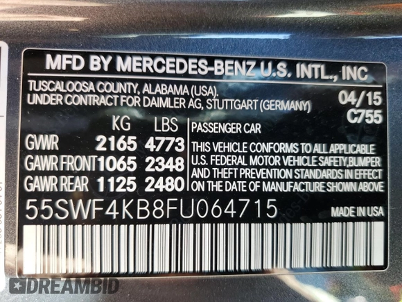 2015 Mercedes-Benz C 300 Luxury с VIN 55SWF4KB8FU064715, выставлен на аукционе Copart как лот 62694295 с пробегом 30 504 миль миль и Списание • Salvage title. История ставок и продаж доступна на DreamBid. Изображение 12.