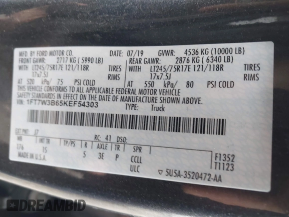 2019 Ford F-350 Platinum z VIN 1FT7W3B65KEF54303, wystawiony jako IAAI lot #41779868 z przebiegiem Nie podano mil oraz . Historia ofert i sprzedaży dostępna na DreamBid. Obrazek 9.