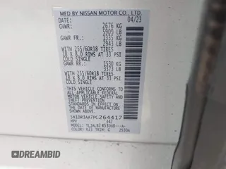 2023 Nissan Pathfinder S with VIN 5N1DR3AA7PC264417, listed as a IAAI auction lot 41892386 with 18,116 mi miles and . Bid and sale history available at DreamBid. Image 9.