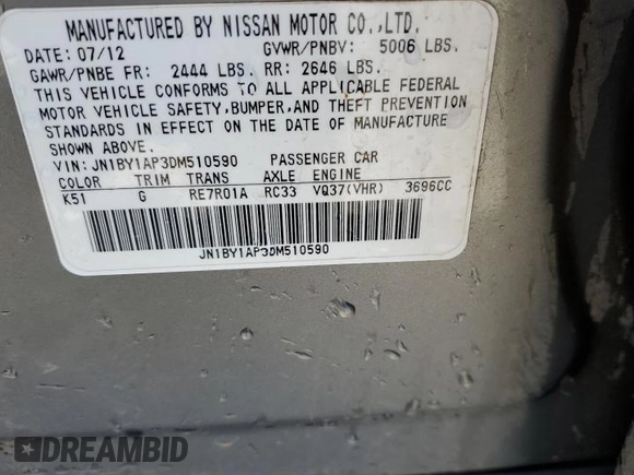 2013 Infiniti M with VIN JN1BY1AP3DM510590, listed as a Copart auction lot 49236045 with 122,455 mi miles and Salvage title. Bid and sale history available at DreamBid. Image 13.