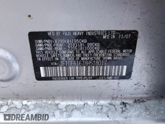 2008 Subaru Impreza Sedan (Natl) i with VIN JF1GE61678H518017, listed as a Copart auction lot 88532095 with 99,524 mi miles and Salvage Title. Bid and sale history available at carsss.com. Image 12.