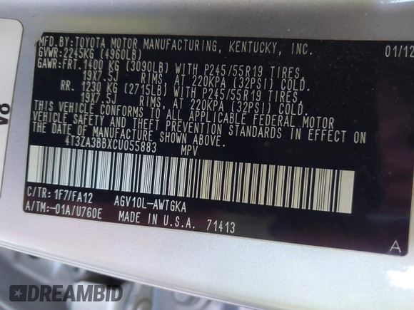 2012 Toyota Venza LE with VIN 4T3ZA3BBXCU055883, listed as a IAAI auction lot 42167975 with 179,709 mi miles and . Bid and sale history available at DreamBid. Image 9.