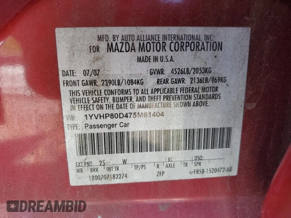 2007 Mazda 6 S Sport VE with VIN 1YVHP80D475M61404, listed as a Copart auction lot 54227555 with 163,390 mi miles and Salvage Title. Bid and sale history available at DreamBid. Image 12.