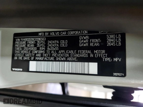 2012 Volvo XC60 3.0L with VIN YV4902DZ6C2296563, listed as a Copart auction lot 57584985 with 178,362 mi miles and Salvage title. Bid and sale history available at DreamBid. Image 13.